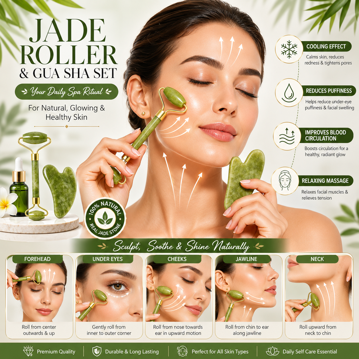 natural jade roller & gua sha facial massage tool for face, neck & eyes | skin tightening, puffiness reduction & blood circulation natural jade roller & gua sha facial massage tool for face, neck & eyes | skin tightening, puffiness reduction & blood circulation