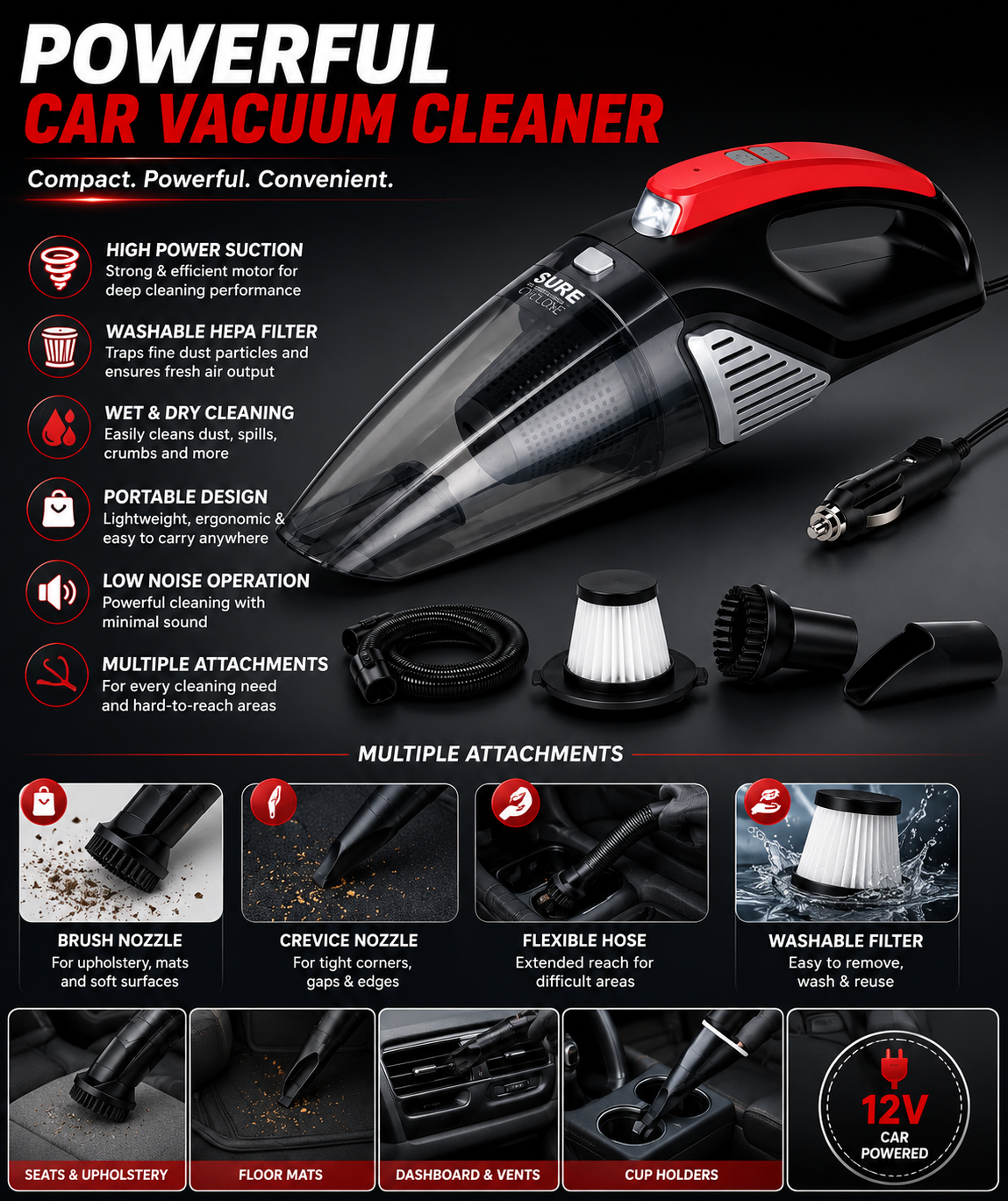 portable car vacuum cleaner high power wet & dry handheld vacuum cleaner with hepa filter, long cable & multiple nozzles for car, home & office portable car vacuum cleaner high power wet & dry handheld vacuum cleaner with hepa filter, long cable & multiple nozzles for car, home & office
