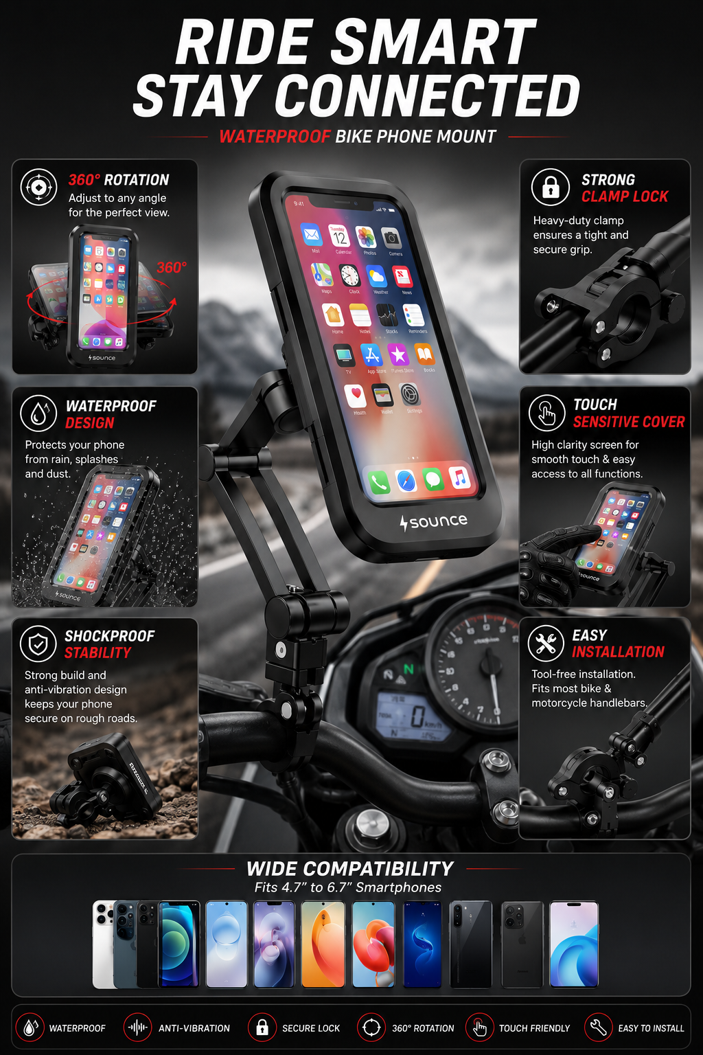 bike phone mount waterproof mobile holder for motorcycle & bicycle | 360° rotation | shockproof & secure handlebar phone holder for gps navigation bike phone mount waterproof mobile holder for motorcycle & bicycle | 360° rotation | shockproof & secure handlebar phone holder for gps navigation
