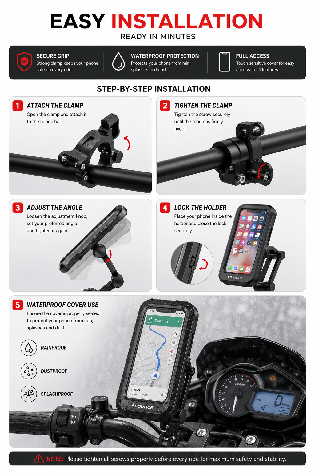 bike phone mount waterproof mobile holder for motorcycle & bicycle | 360° rotation | shockproof & secure handlebar phone holder for gps navigation bike phone mount waterproof mobile holder for motorcycle & bicycle | 360° rotation | shockproof & secure handlebar phone holder for gps navigation
