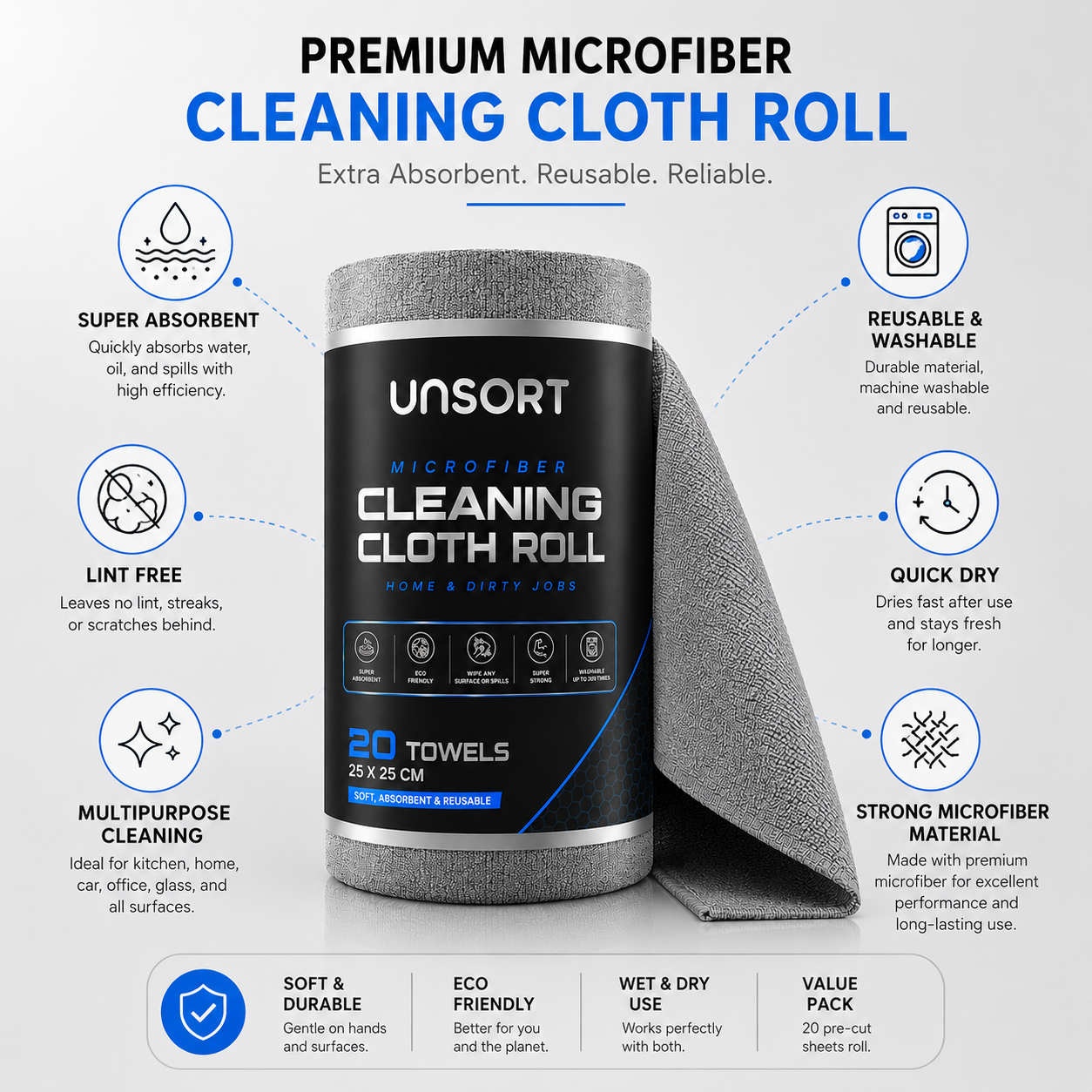 microfiber cleaning cloth roll | 20 reusable washable sheets | multipurpose kitchen cleaning wipes for home, car, glass & office | super absorbent lint free cleaning cloth roll microfiber cleaning cloth roll | 20 reusable washable sheets | multipurpose kitchen cleaning wipes for home, car, glass & office | super absorbent lint free cleaning cloth roll