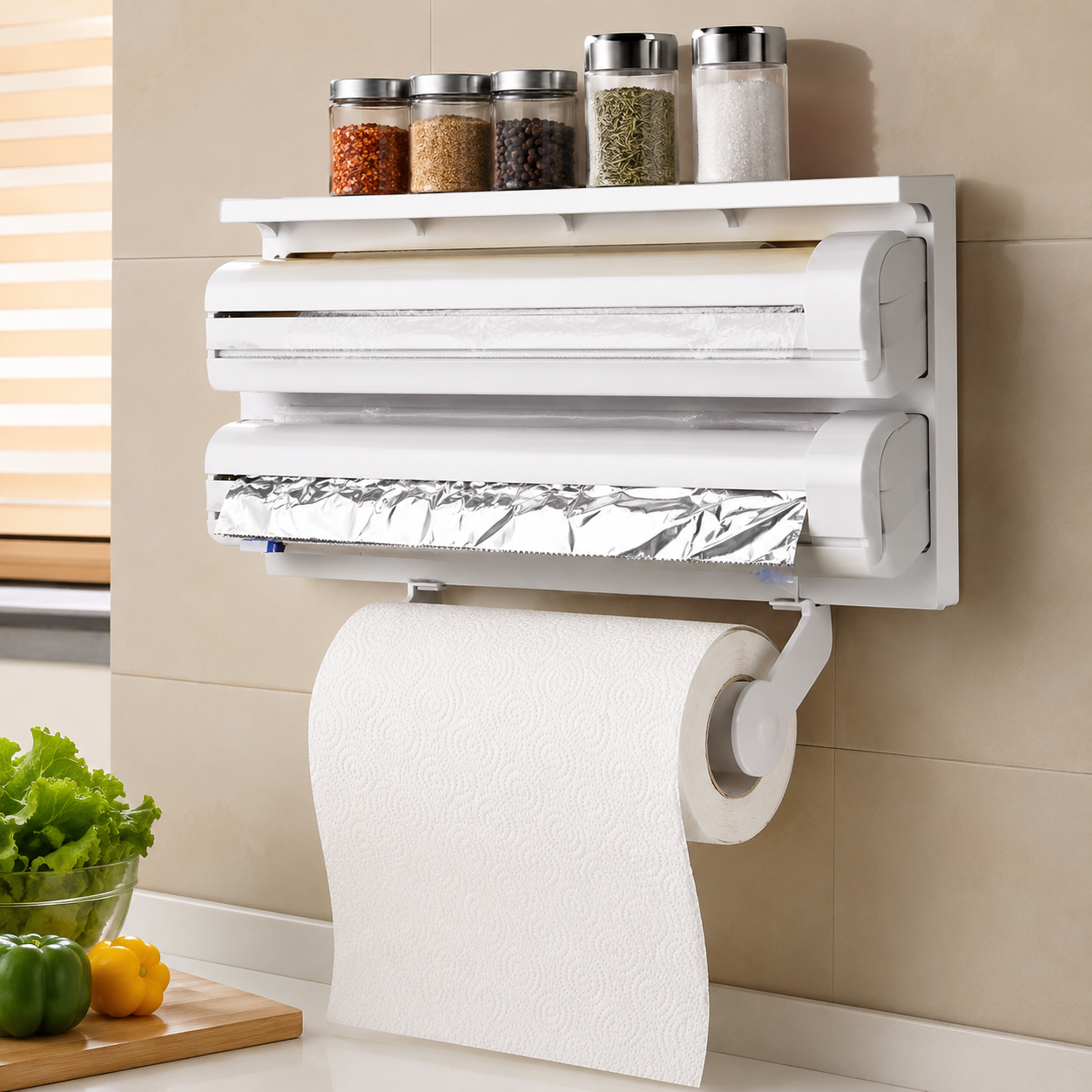 triple paper dispenser wall mount | 3 in 1 kitchen tissue, cling film & aluminium foil holder with cutter | multipurpose kitchen storage organizer triple paper dispenser wall mount | 3 in 1 kitchen tissue, cling film & aluminium foil holder with cutter | multipurpose kitchen storage organizer