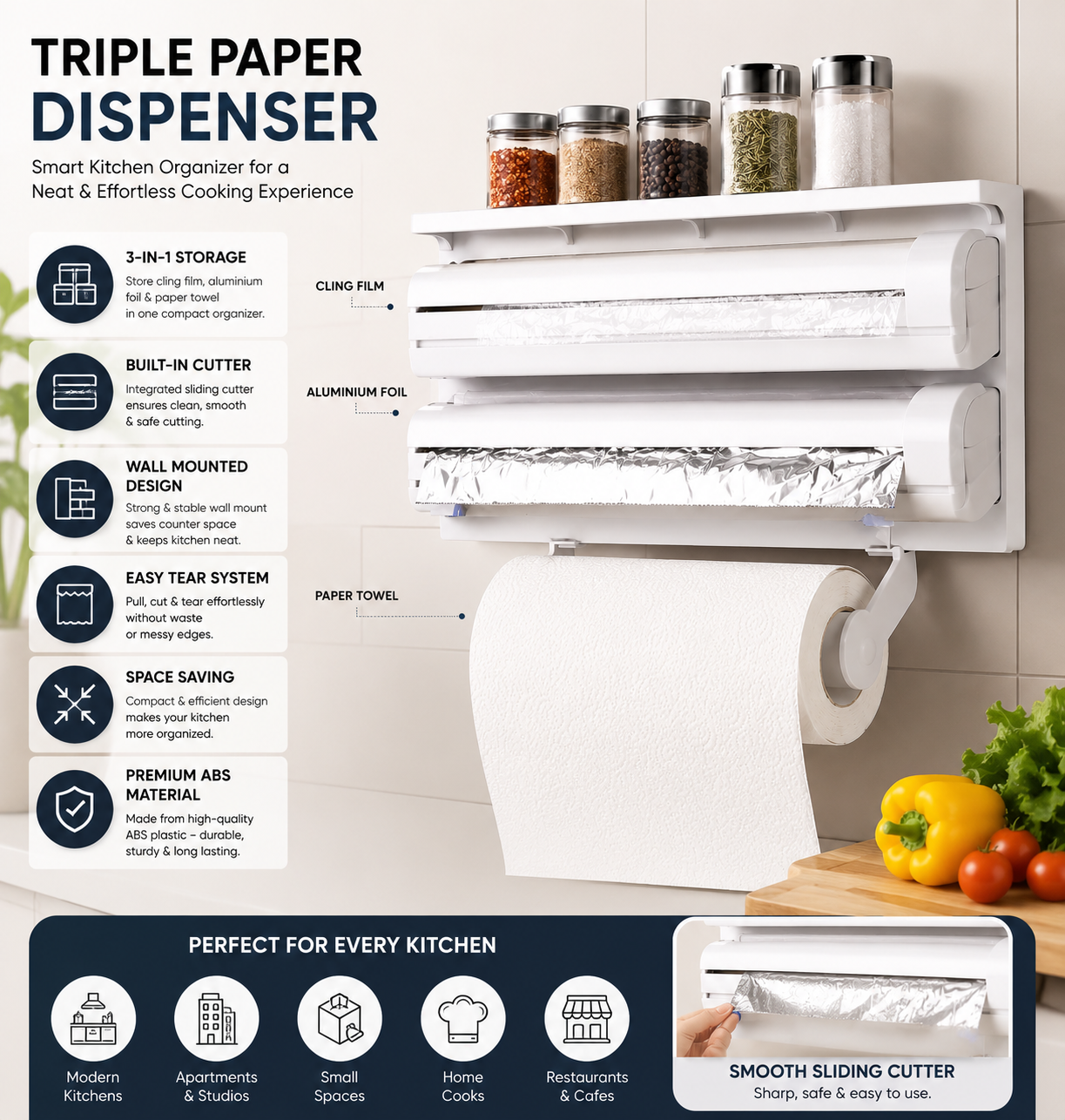 triple paper dispenser wall mount | 3 in 1 kitchen tissue, cling film & aluminium foil holder with cutter | multipurpose kitchen storage organizer triple paper dispenser wall mount | 3 in 1 kitchen tissue, cling film & aluminium foil holder with cutter | multipurpose kitchen storage organizer