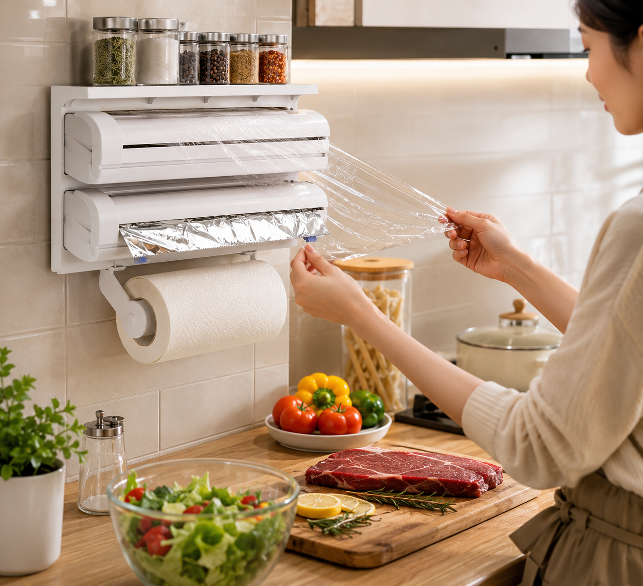 triple paper dispenser wall mount | 3 in 1 kitchen tissue, cling film & aluminium foil holder with cutter | multipurpose kitchen storage organizer triple paper dispenser wall mount | 3 in 1 kitchen tissue, cling film & aluminium foil holder with cutter | multipurpose kitchen storage organizer