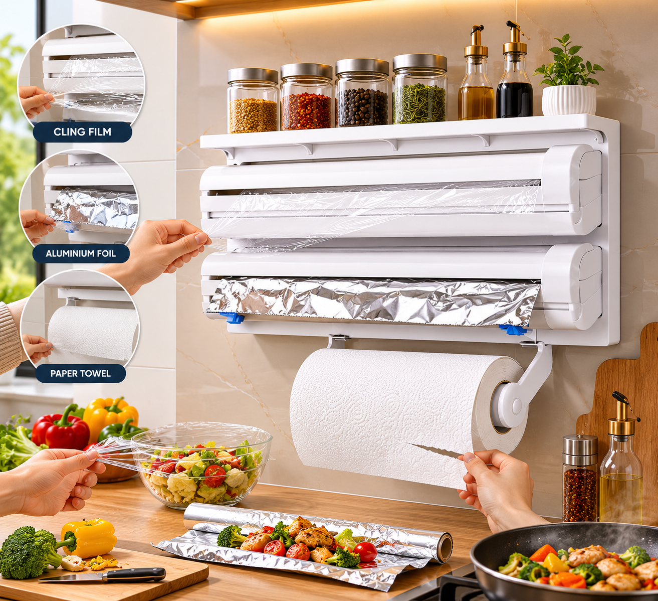 triple paper dispenser wall mount | 3 in 1 kitchen tissue, cling film & aluminium foil holder with cutter | multipurpose kitchen storage organizer triple paper dispenser wall mount | 3 in 1 kitchen tissue, cling film & aluminium foil holder with cutter | multipurpose kitchen storage organizer