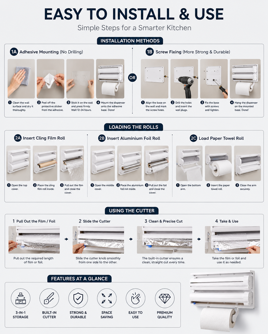 triple paper dispenser wall mount | 3 in 1 kitchen tissue, cling film & aluminium foil holder with cutter | multipurpose kitchen storage organizer triple paper dispenser wall mount | 3 in 1 kitchen tissue, cling film & aluminium foil holder with cutter | multipurpose kitchen storage organizer