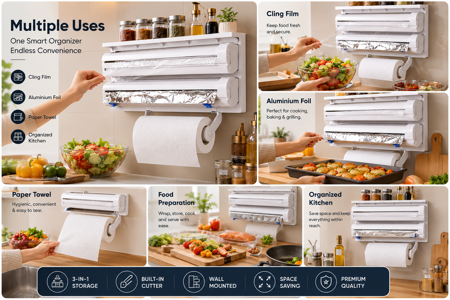 triple paper dispenser wall mount | 3 in 1 kitchen tissue, cling film & aluminium foil holder with cutter | multipurpose kitchen storage organizer triple paper dispenser wall mount | 3 in 1 kitchen tissue, cling film & aluminium foil holder with cutter | multipurpose kitchen storage organizer